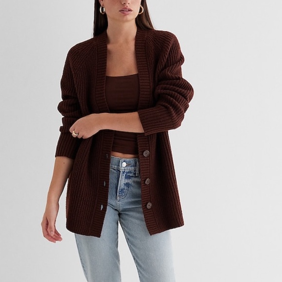Express Ribbed Button Front London Cardigan S Rich Mocha - Picture 1 of 11